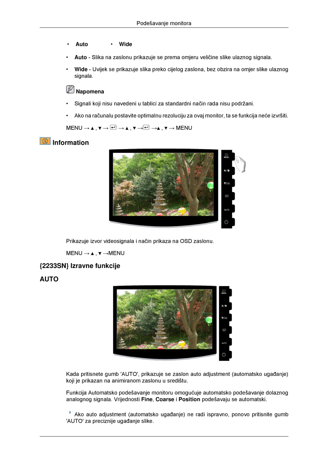 Samsung LS20CMYKFNA/EN, LS22CMYKFNA/EN, LS20CMYKF/EN, LS22CMYKF/EN manual Information, 2233SN Izravne funkcije, Auto Wide 