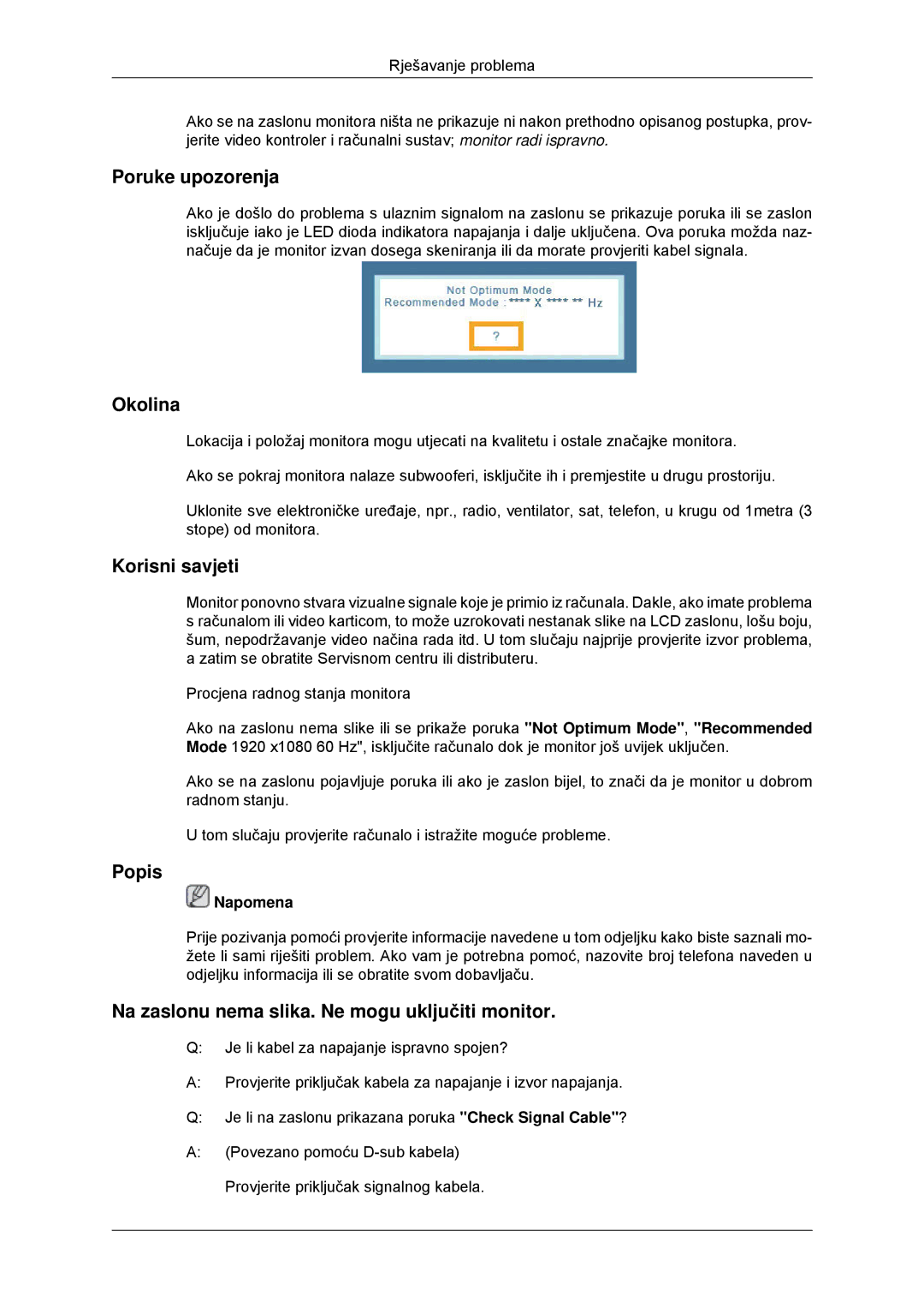 Samsung LS22CMYKF/EN, LS22CMYKFNA/EN, LS20CMYKF/EN, LS20CMYKFNA/EN manual Poruke upozorenja 