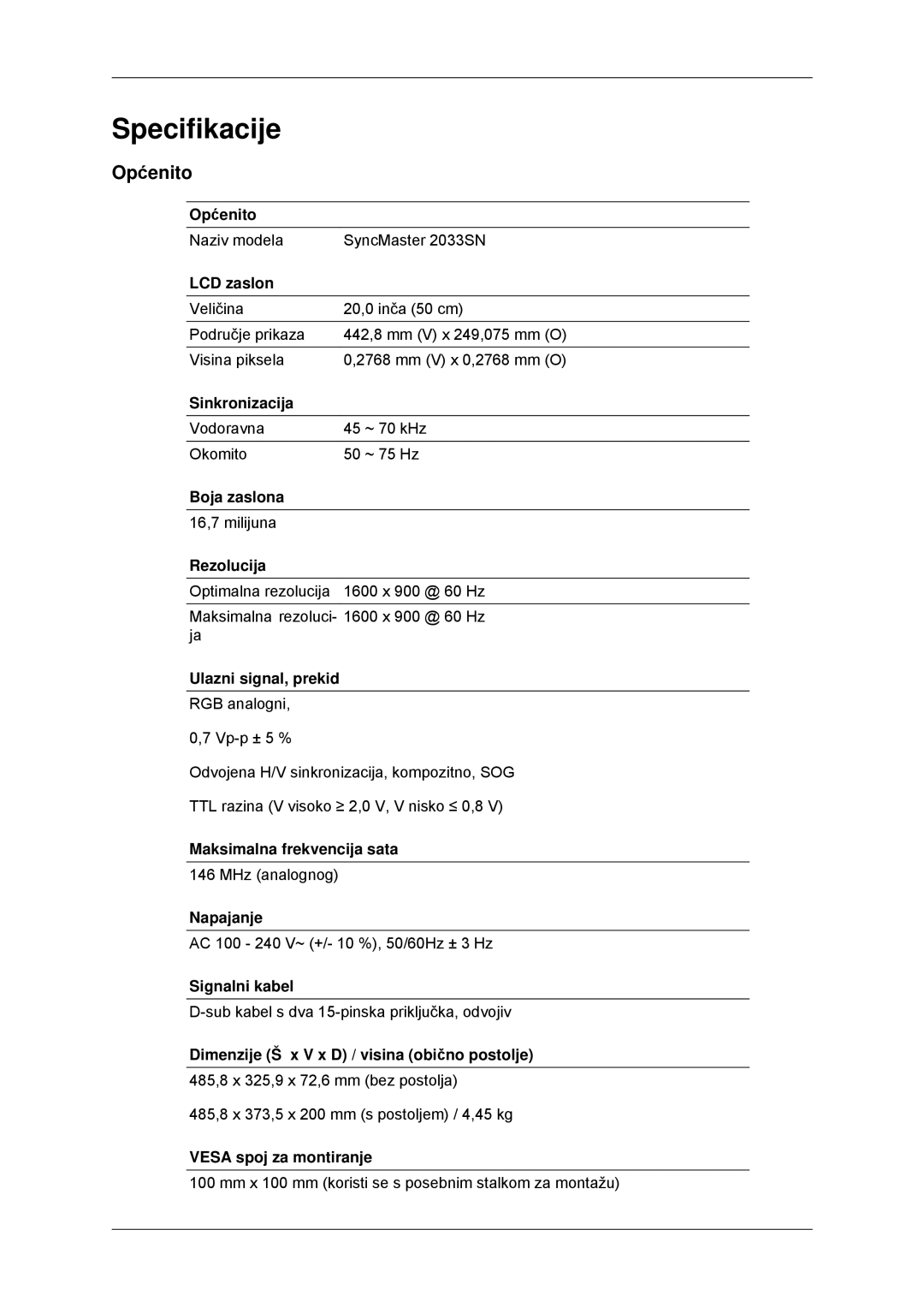 Samsung LS22CMYKFNA/EN, LS20CMYKF/EN, LS22CMYKF/EN, LS20CMYKFNA/EN manual Specifikacije, Općenito 