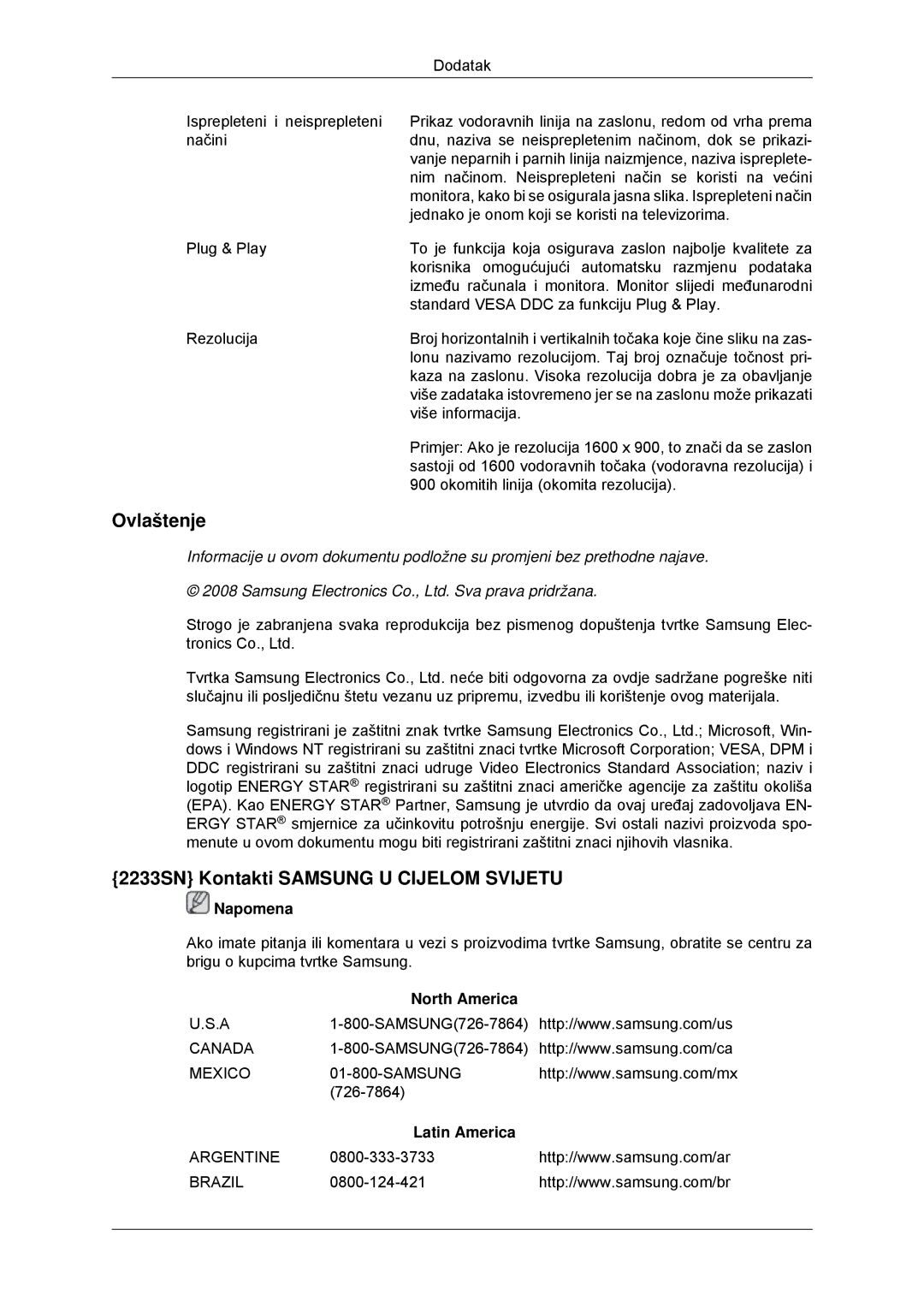 Samsung LS20CMYKF/EN, LS22CMYKFNA/EN, LS22CMYKF/EN, LS20CMYKFNA/EN Ovlaštenje, 2233SN Kontakti Samsung U Cijelom Svijetu 