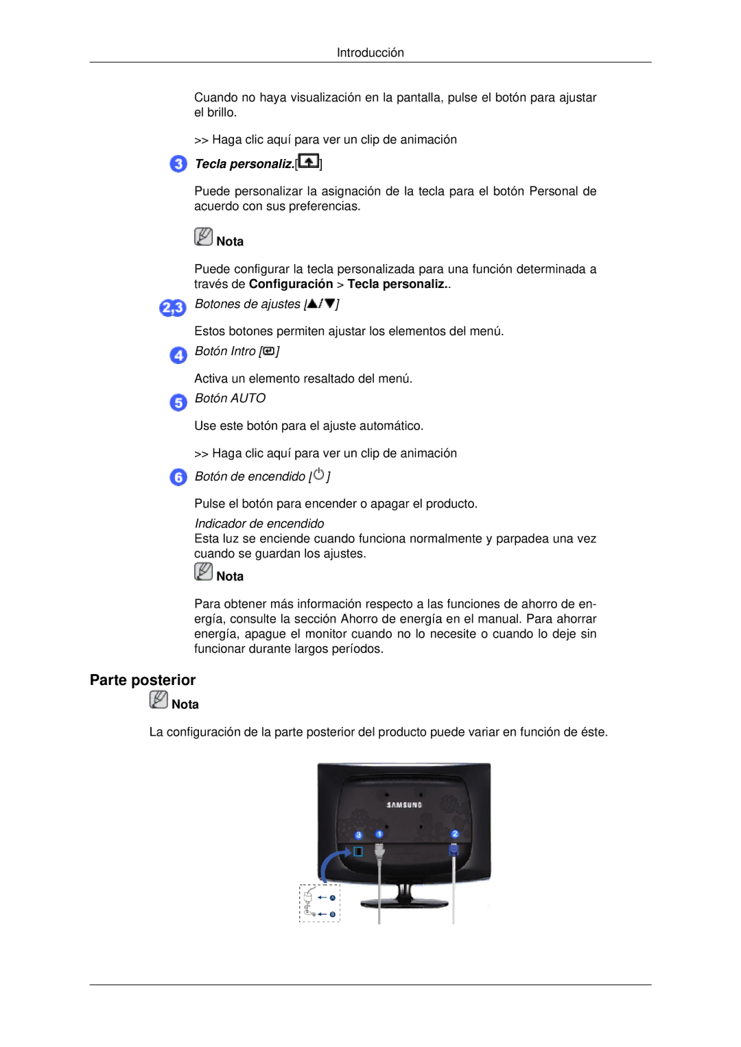 Samsung LS22CMYKFNA/EN, LS20CMYKF/EN, LS22CMYKF/EN, LS22CMYKFYA/EN manual Parte posterior, Tecla personaliz 