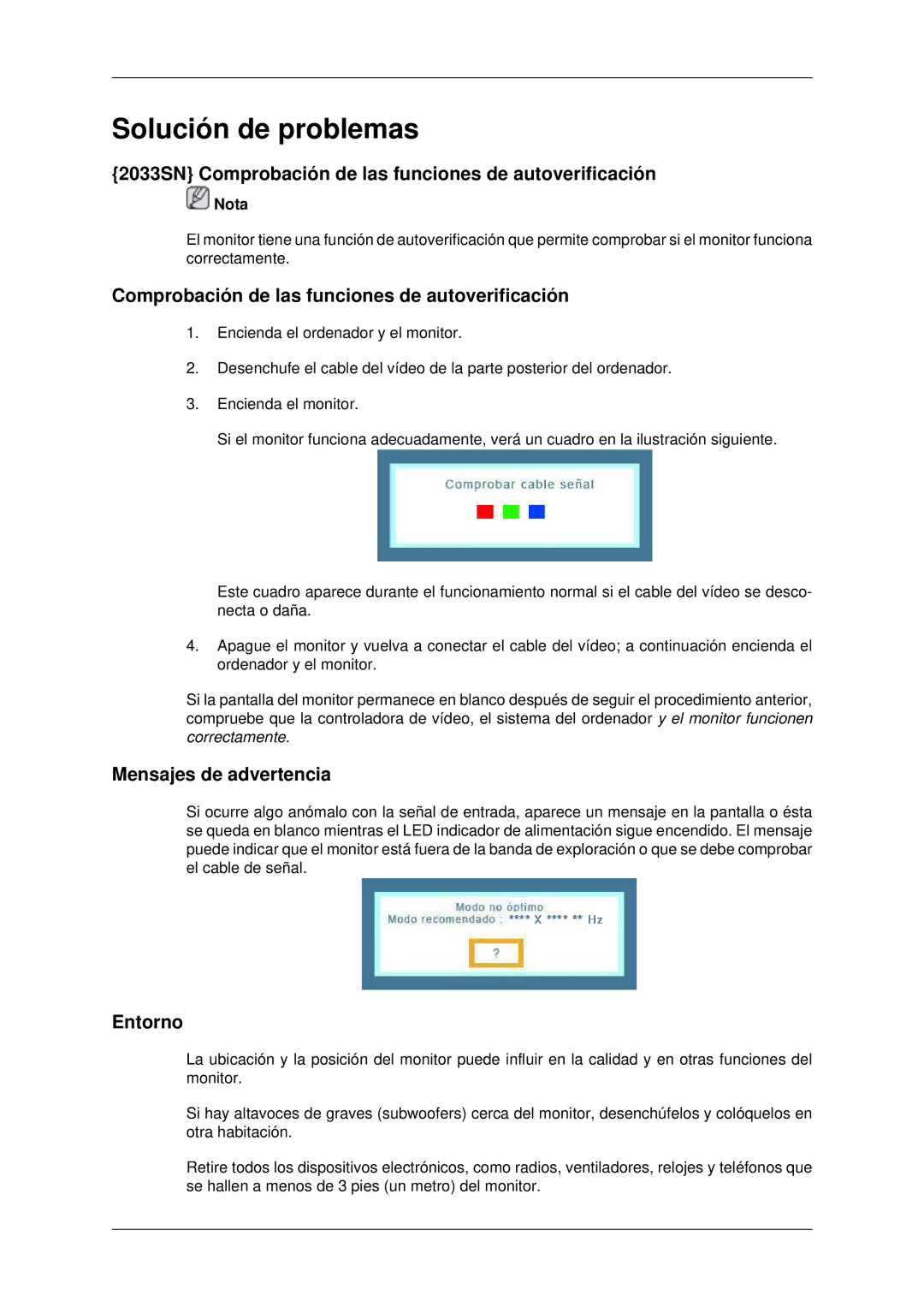 Samsung LS20CMYKF/EN manual 2033SN Comprobación de las funciones de autoverificación, Mensajes de advertencia, Entorno 