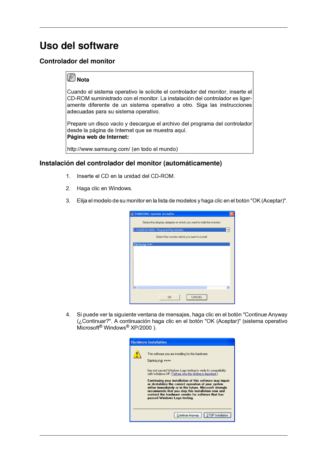 Samsung LS20CMYKF/EN Uso del software, Controlador del monitor, Instalación del controlador del monitor automáticamente 