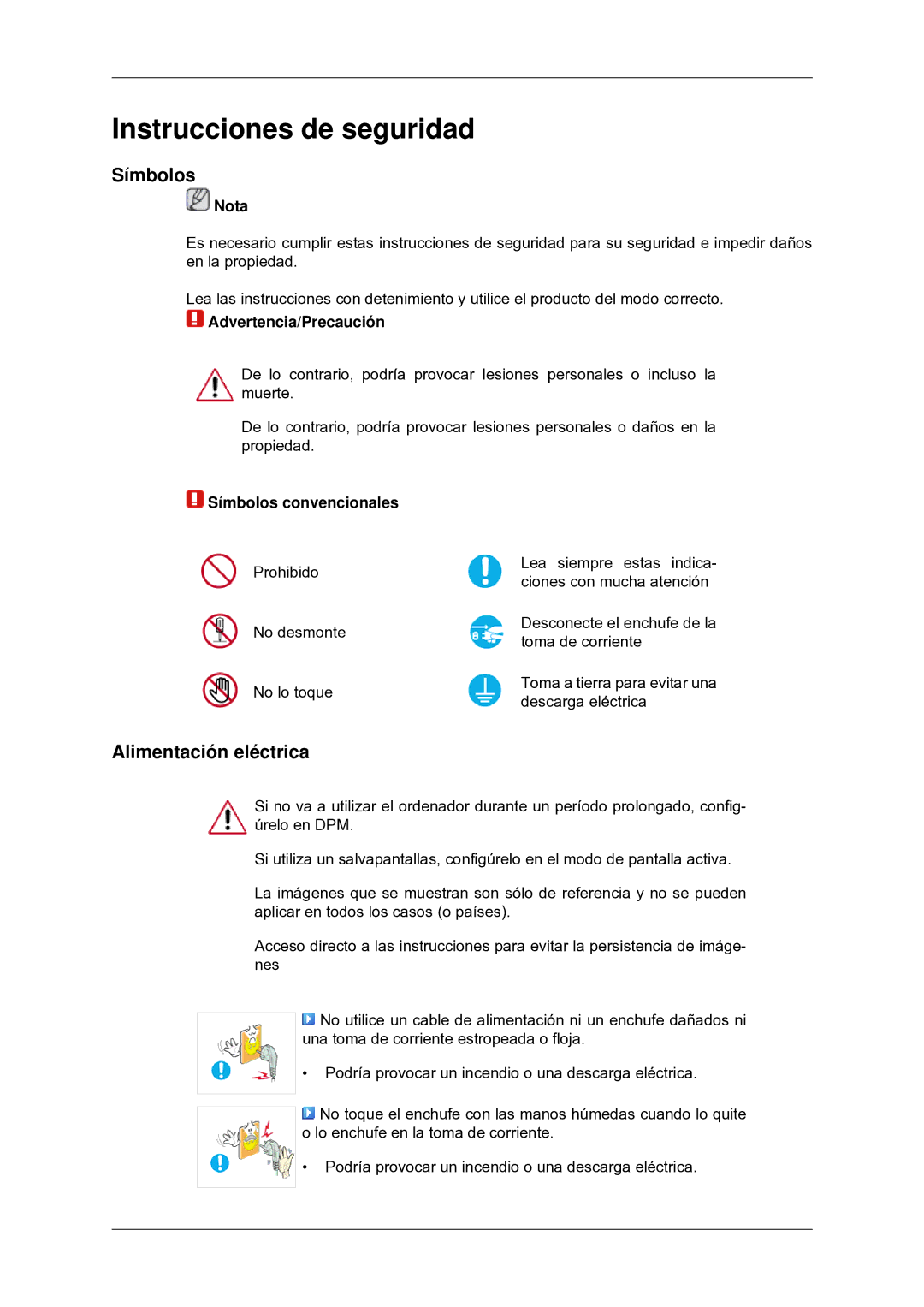 Samsung LS22CMYKF/EN, LS22CMYKFNA/EN, LS20CMYKF/EN manual Instrucciones de seguridad, Símbolos, Alimentación eléctrica 