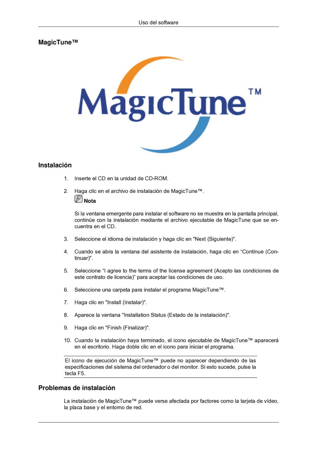 Samsung LS22CMYKFYA/EN, LS22CMYKFNA/EN, LS20CMYKF/EN, LS22CMYKF/EN manual MagicTune Instalación, Problemas de instalación 