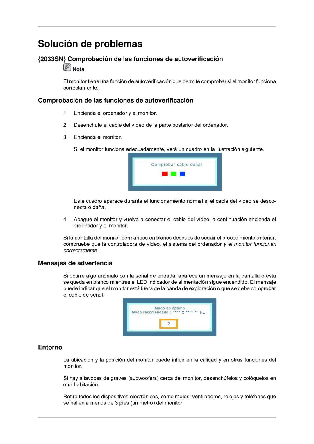 Samsung LS22CMYKFNA/EN manual Solución de problemas, 2033SN Comprobación de las funciones de autoverificación, Entorno 