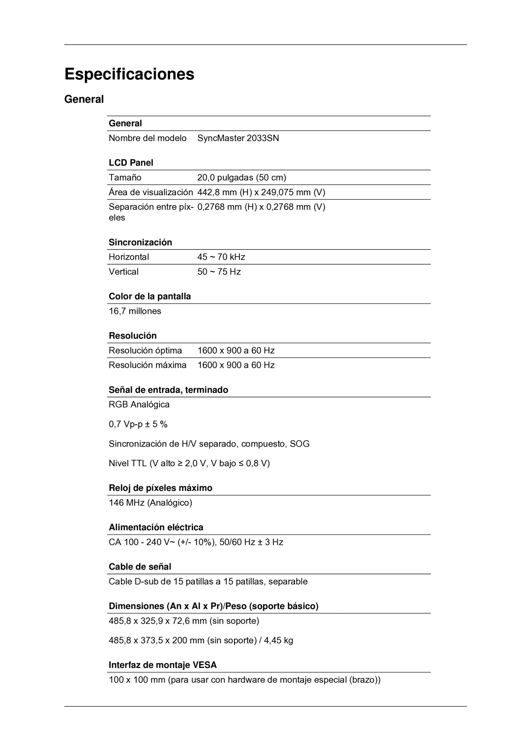 Samsung LS22CMYKFNA/EN, LS20CMYKF/EN, LS22CMYKF/EN, LS22CMYKFYA/EN manual Especificaciones, General 