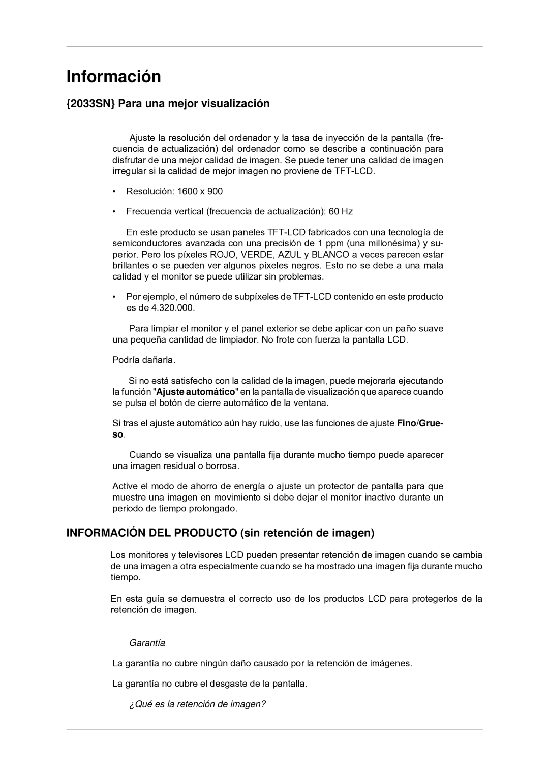 Samsung LS22CMYKF/EN manual 2033SN Para una mejor visualización, Información DEL Producto sin retención de imagen 