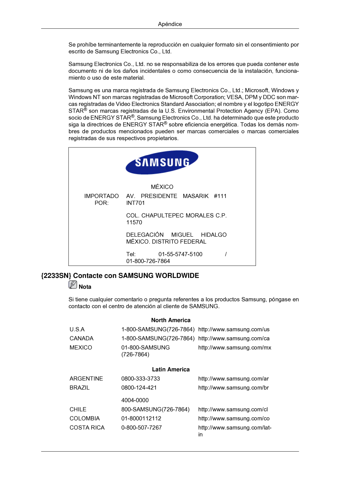 Samsung LS22CMYKF/EN, LS22CMYKFNA/EN, LS20CMYKF/EN, LS22CMYKFYA/EN manual 2233SN Contacte con Samsung Worldwide, Nota 