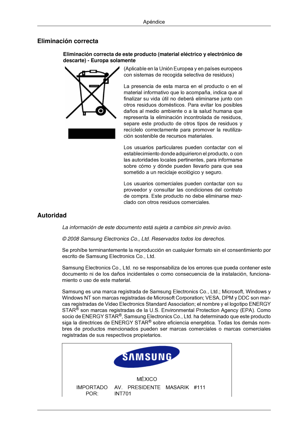 Samsung LS22CMYKF/EN, LS22CMYKFNA/EN, LS20CMYKF/EN, LS22CMYKFYA/EN México Importado AV. Presidente Masarik #111 POR INT701 