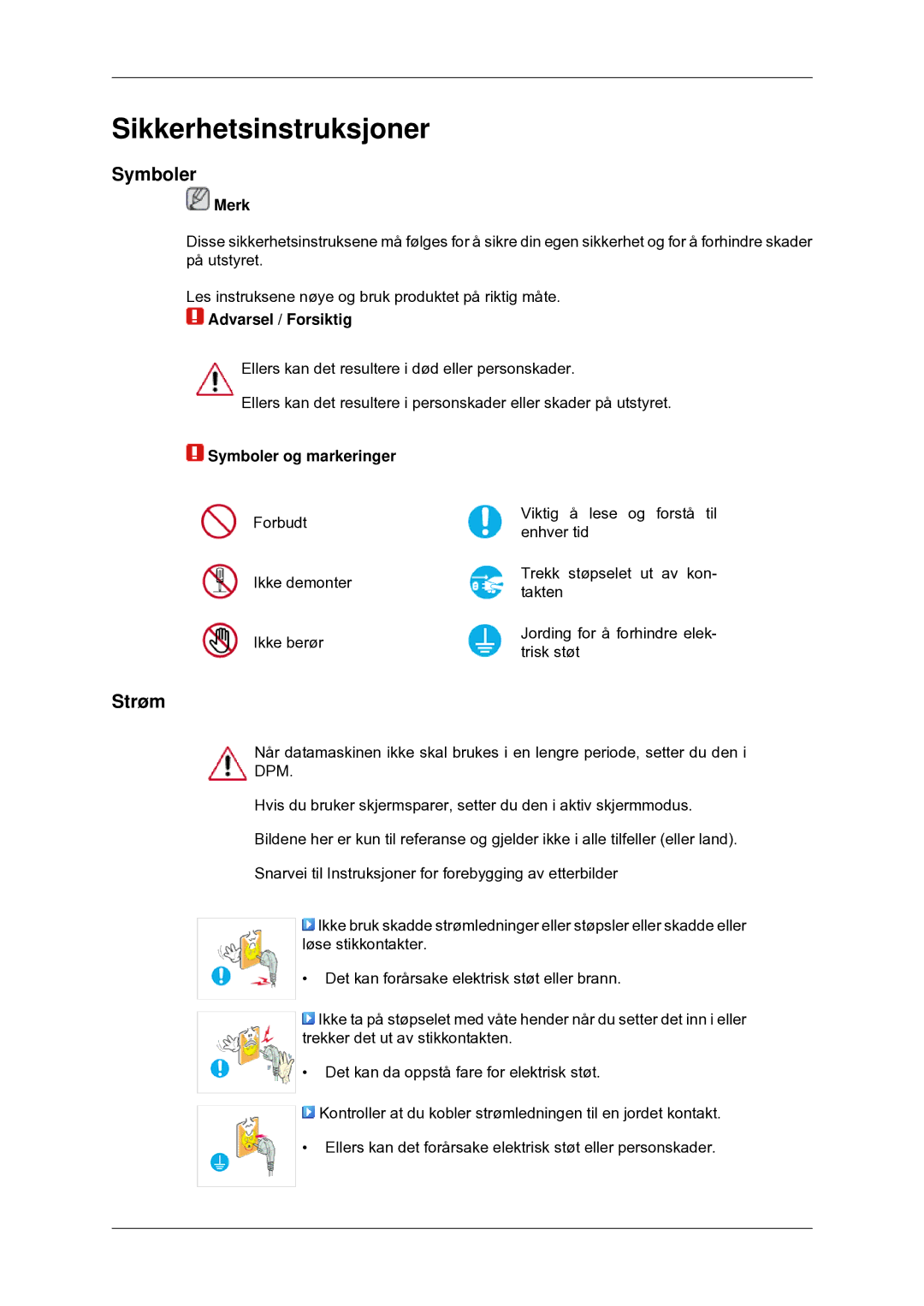 Samsung LS22CMYKF/EN, LS22CMYKFNA/EN, LS20CMYKF/EN manual Sikkerhetsinstruksjoner, Strøm, Merk, Symboler og markeringer 