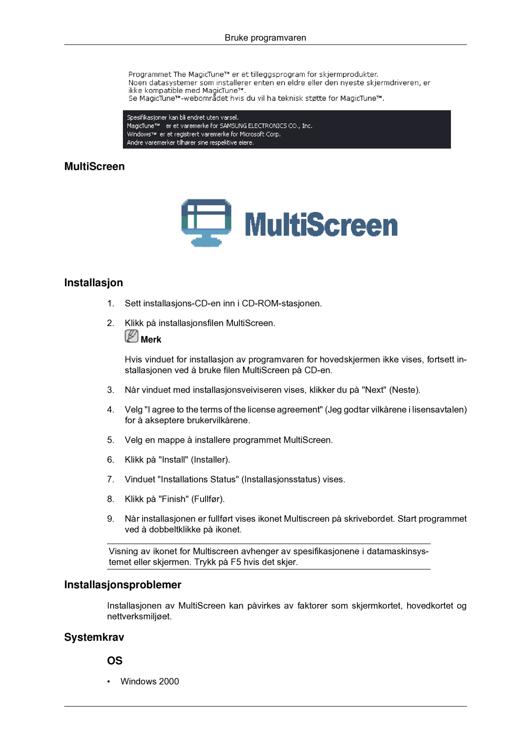 Samsung LS20CMYKF/EN, LS22CMYKFNA/EN, LS22CMYKF/EN manual MultiScreen Installasjon 