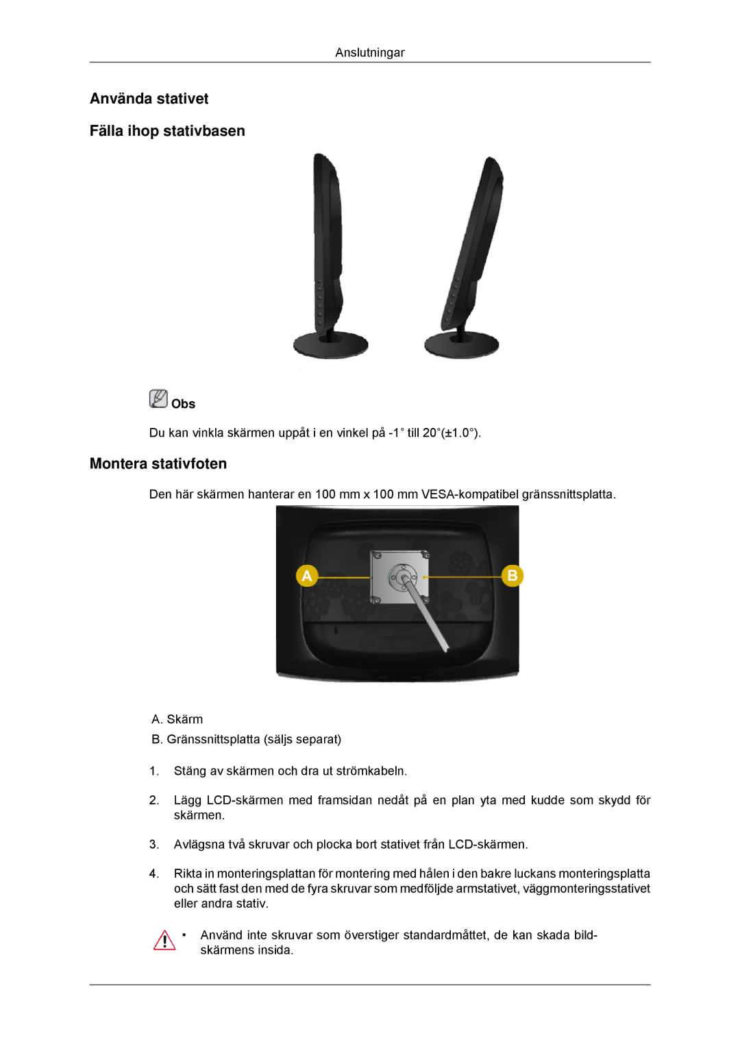 Samsung LS22CMYKFNA/EN, LS20CMYKF/EN, LS22CMYKF/EN manual Använda stativet Fälla ihop stativbasen, Montera stativfoten 