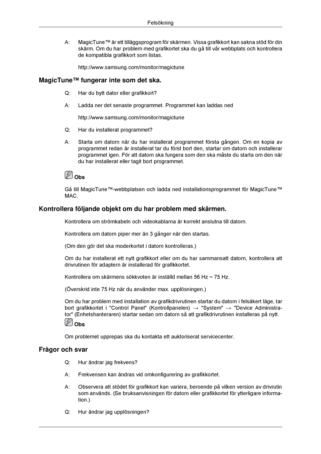 Samsung LS20CMYKF/EN, LS22CMYKFNA/EN, LS22CMYKF/EN manual MagicTune fungerar inte som det ska 