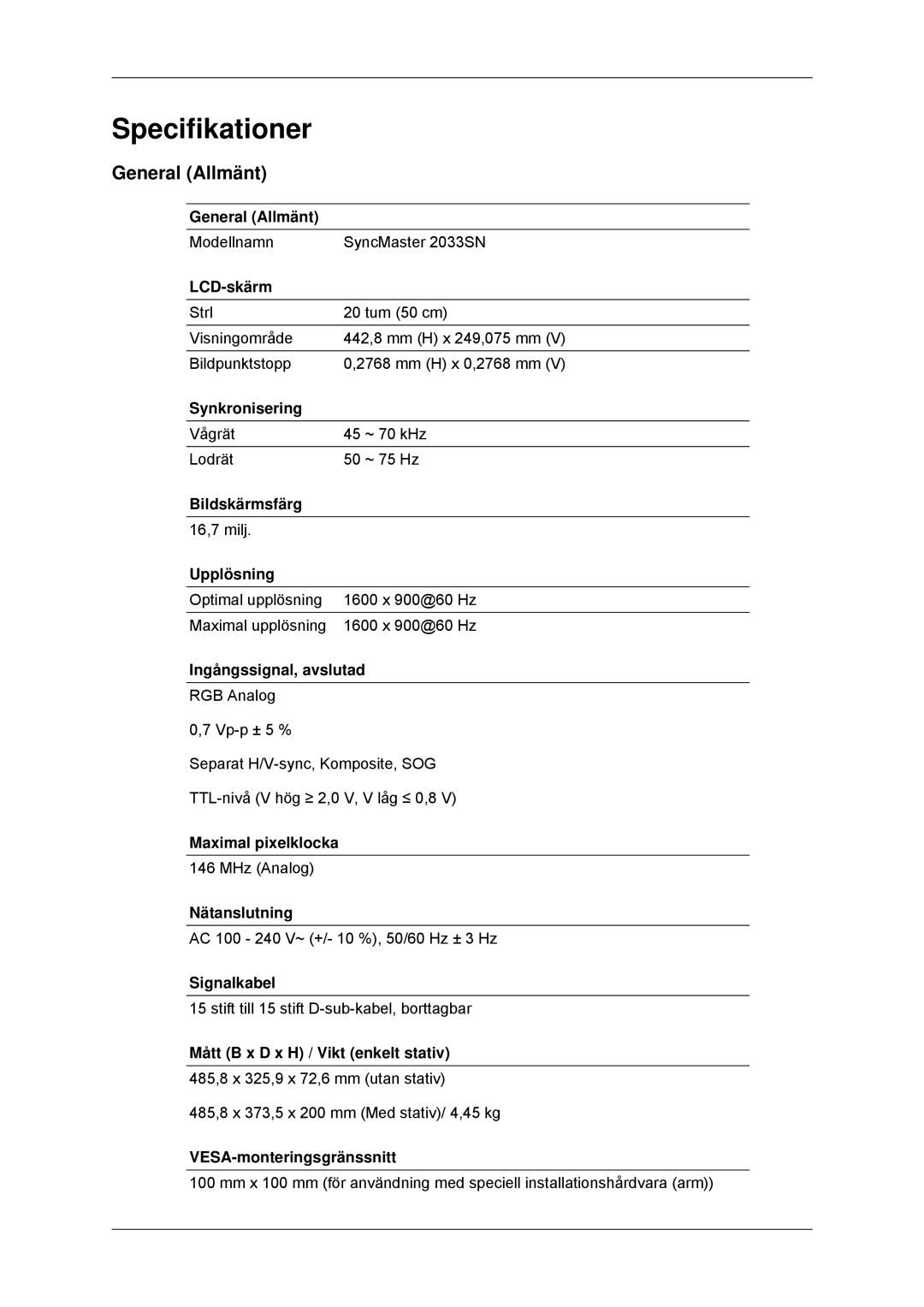 Samsung LS22CMYKFNA/EN, LS20CMYKF/EN, LS22CMYKF/EN manual Specifikationer, General Allmänt 