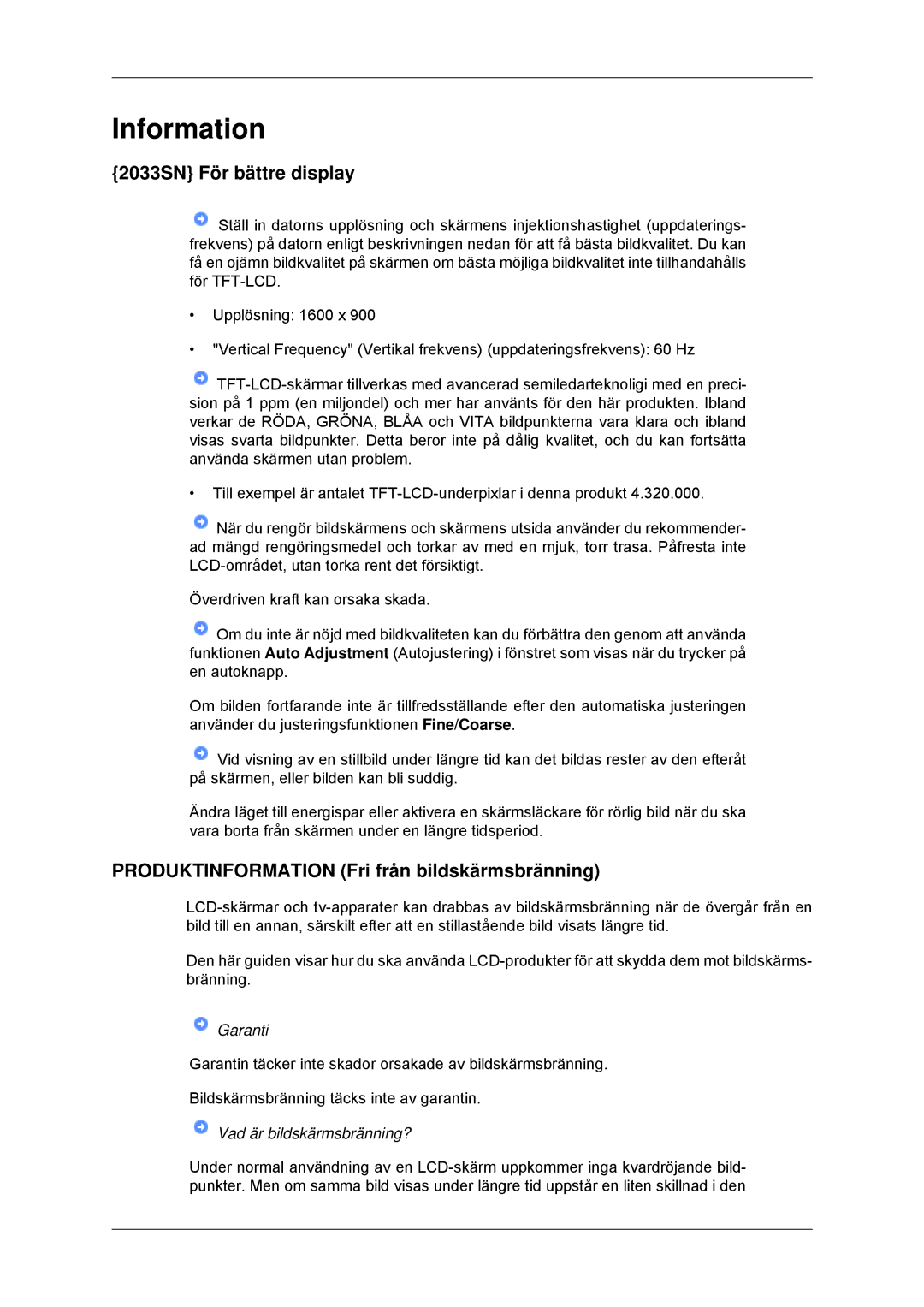 Samsung LS22CMYKFNA/EN manual Information, 2033SN För bättre display, Produktinformation Fri från bildskärmsbränning 