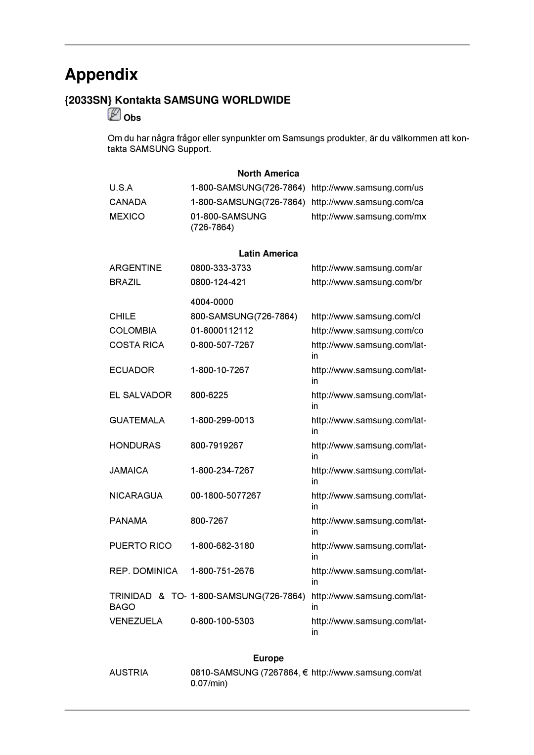 Samsung LS22CMYKF/EN, LS22CMYKFNA/EN Appendix, 2033SN Kontakta Samsung Worldwide, North America, Latin America, Europe 