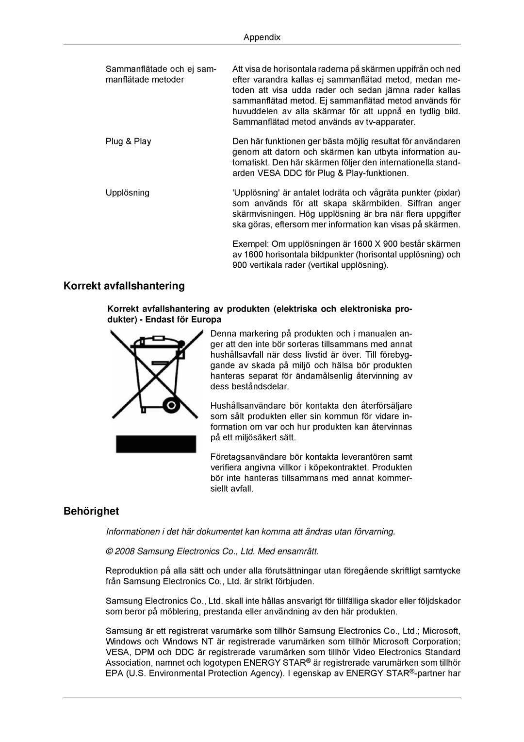 Samsung LS22CMYKF/EN, LS22CMYKFNA/EN, LS20CMYKF/EN manual Korrekt avfallshantering, Behörighet 