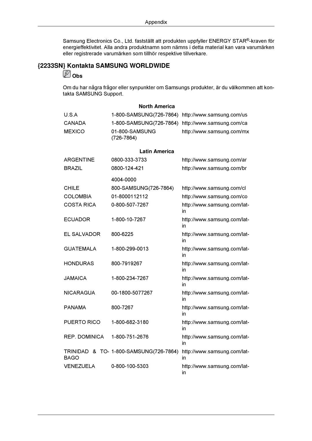 Samsung LS22CMYKFNA/EN, LS20CMYKF/EN, LS22CMYKF/EN manual 2233SN Kontakta Samsung Worldwide, Obs 