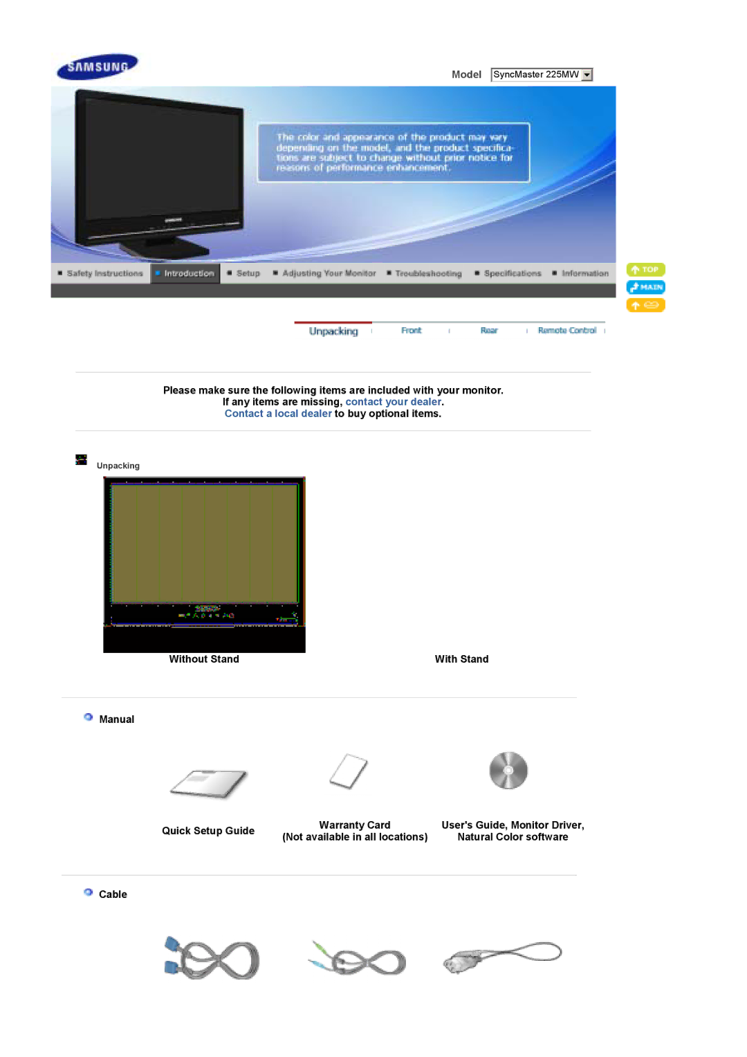 Samsung LS22CRASB6/EDC, LS22CRASB/EDC manual Without Stand, Manual Quick Setup Guide, Cable 