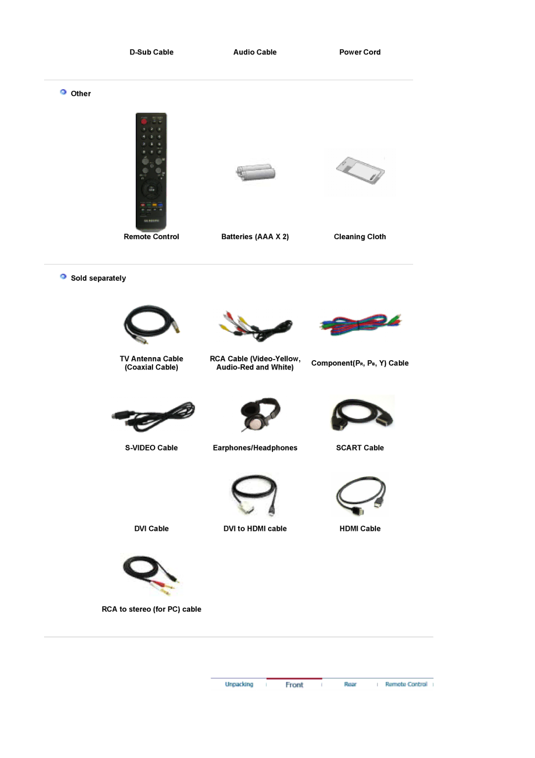 Samsung LS22CRASB/EDC, LS22CRASB6/EDC manual Sub Cable Audio Cable, Other Remote Control Batteries AAA X, Sold separately 