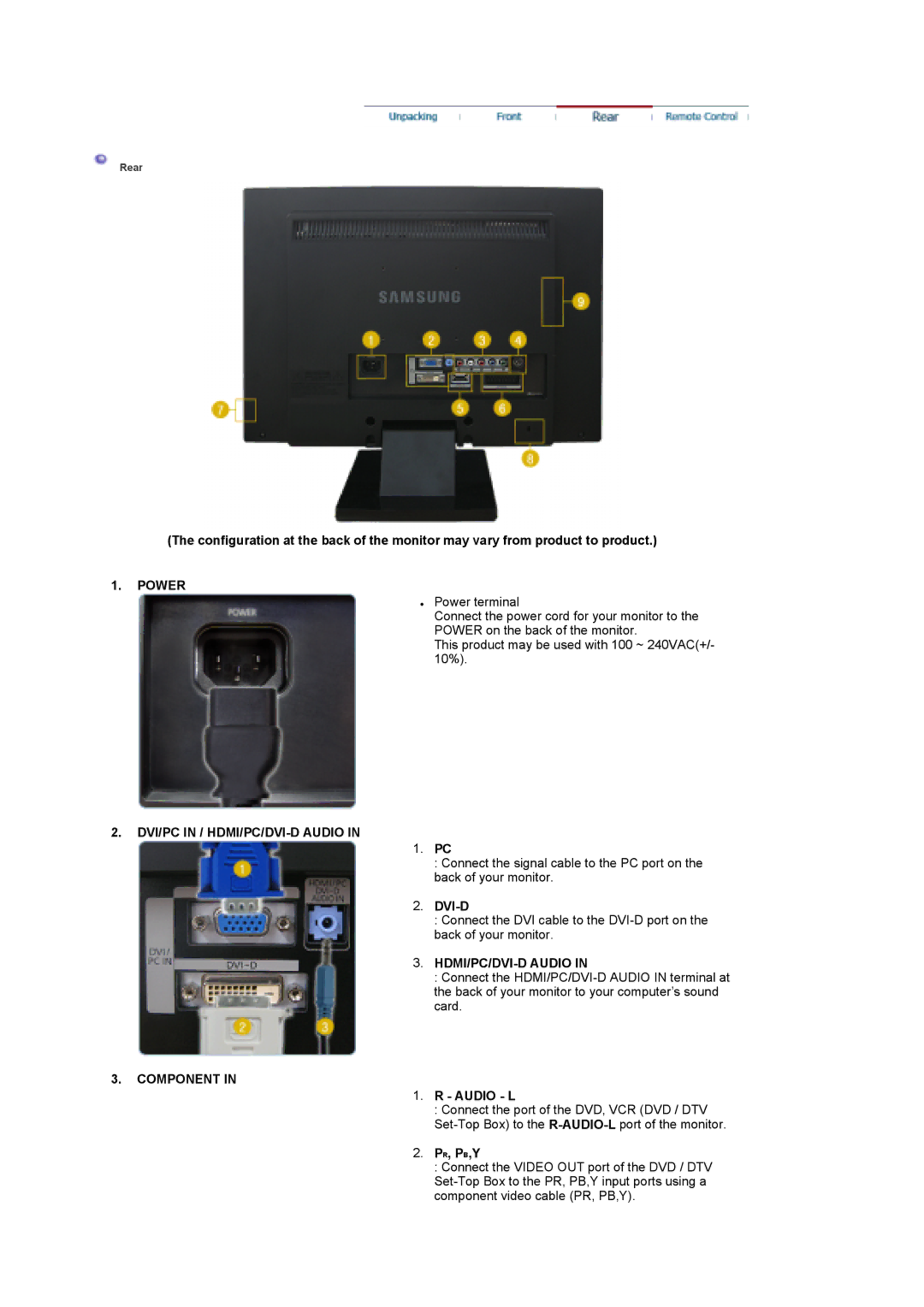 Samsung LS22CRASB/EDC, LS22CRASB6/EDC manual Power, DVI/PC in / HDMI/PC/DVI-D Audio, Component 