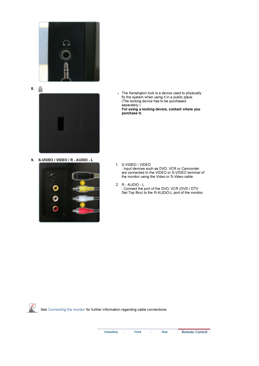 Samsung LS22CRASB/EDC, LS22CRASB6/EDC For using a locking device, contact where you purchase it, Video / Video / R Audio L 