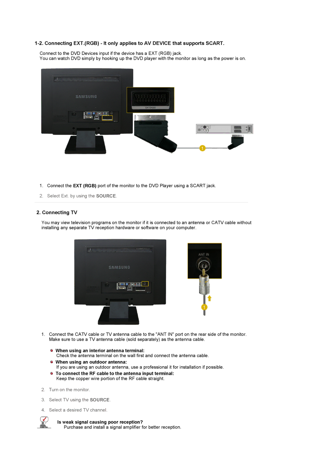 Samsung LS22CRASB/EDC manual Connecting TV, When using an interior antenna terminal, When using an outdoor antenna 