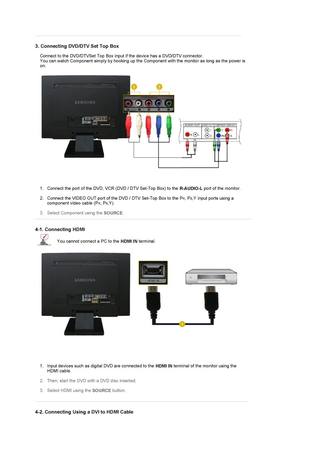 Samsung LS22CRASB6/EDC manual Connecting DVD/DTV Set Top Box, Connecting Hdmi, Connecting Using a DVI to Hdmi Cable 