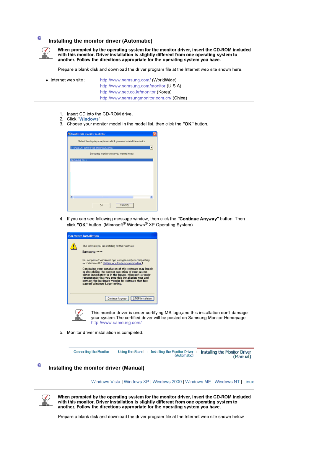 Samsung LS22CRASB/EDC, LS22CRASB6/EDC manual Installing the monitor driver Automatic 