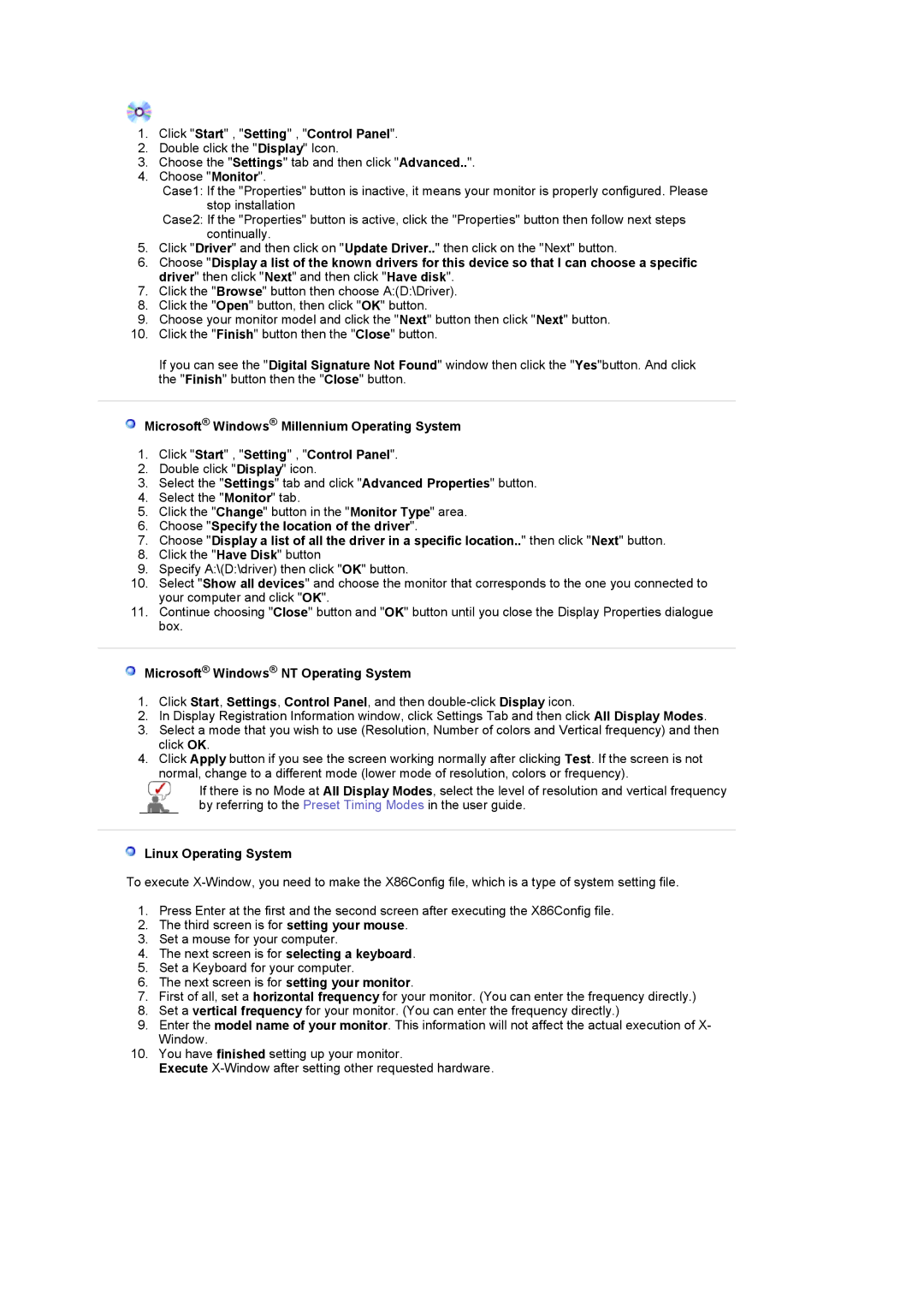 Samsung LS22CRASB/EDC Click Start , Setting , Control Panel, Microsoft Windows NT Operating System, Linux Operating System 