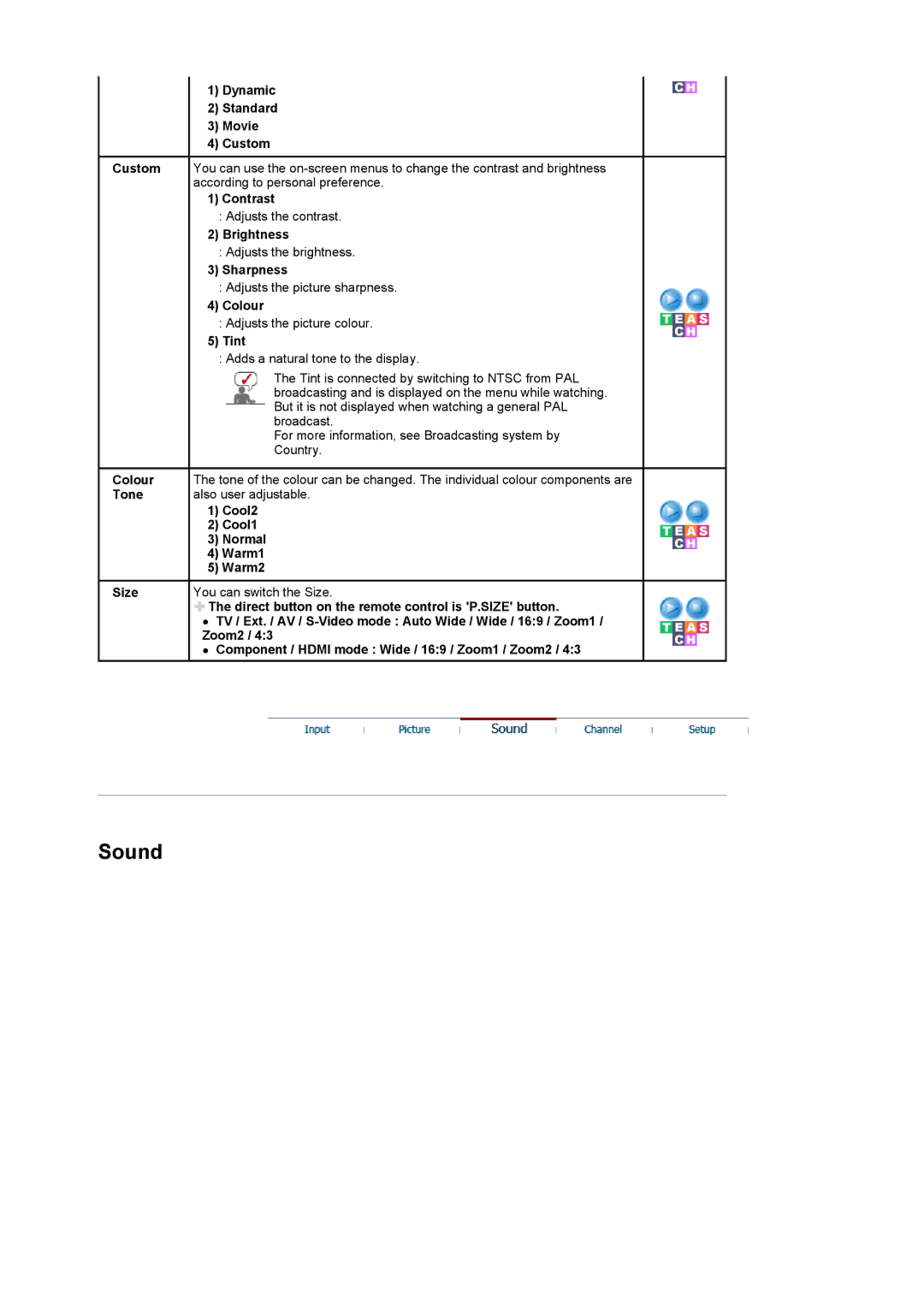 Samsung LS22CRASB6/EDC, LS22CRASB/EDC manual Sound, Dynamic Standard Movie Custom 