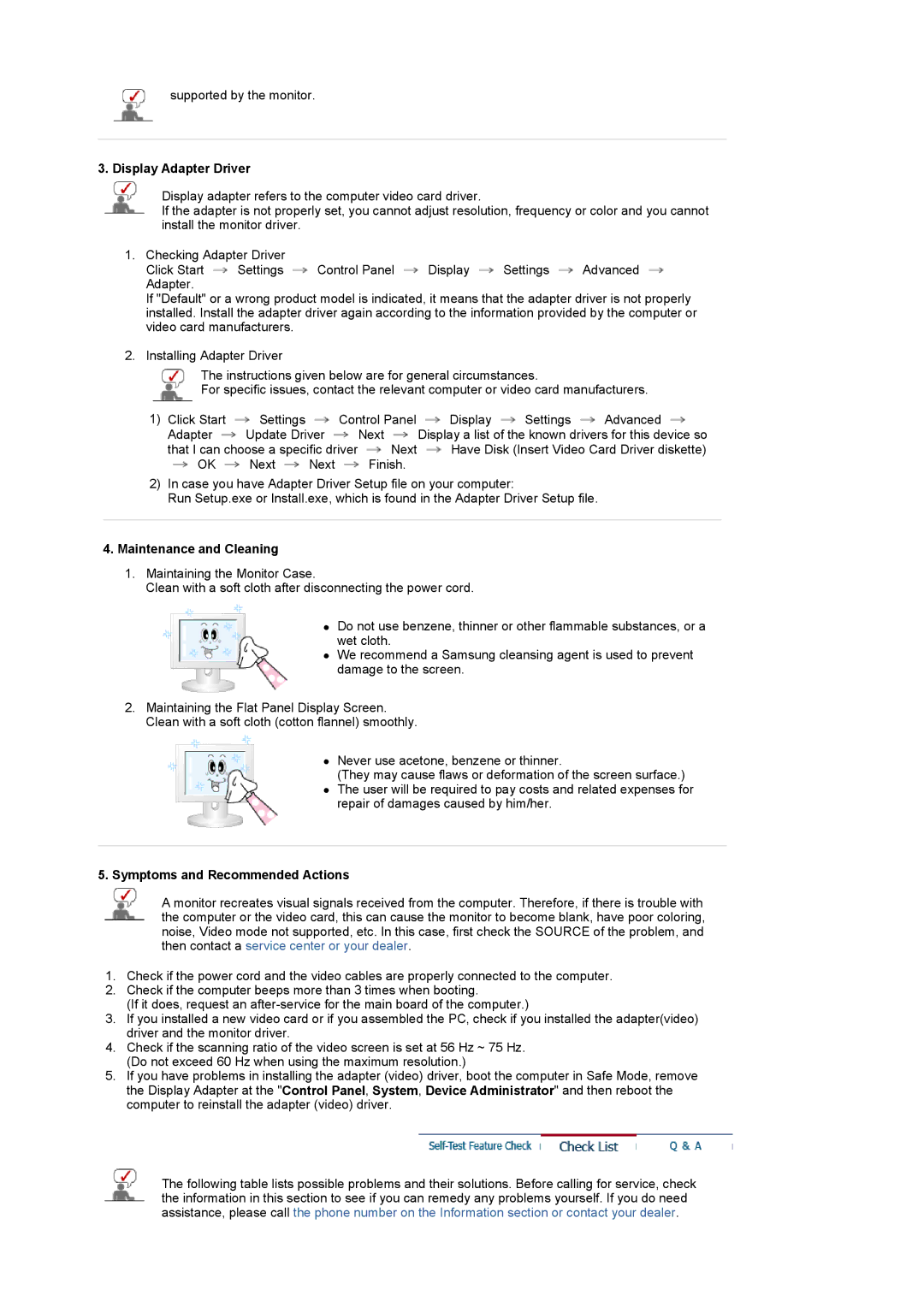 Samsung LS22CRASB6/EDC, LS22CRASB/EDC Display Adapter Driver, Maintenance and Cleaning, Symptoms and Recommended Actions 