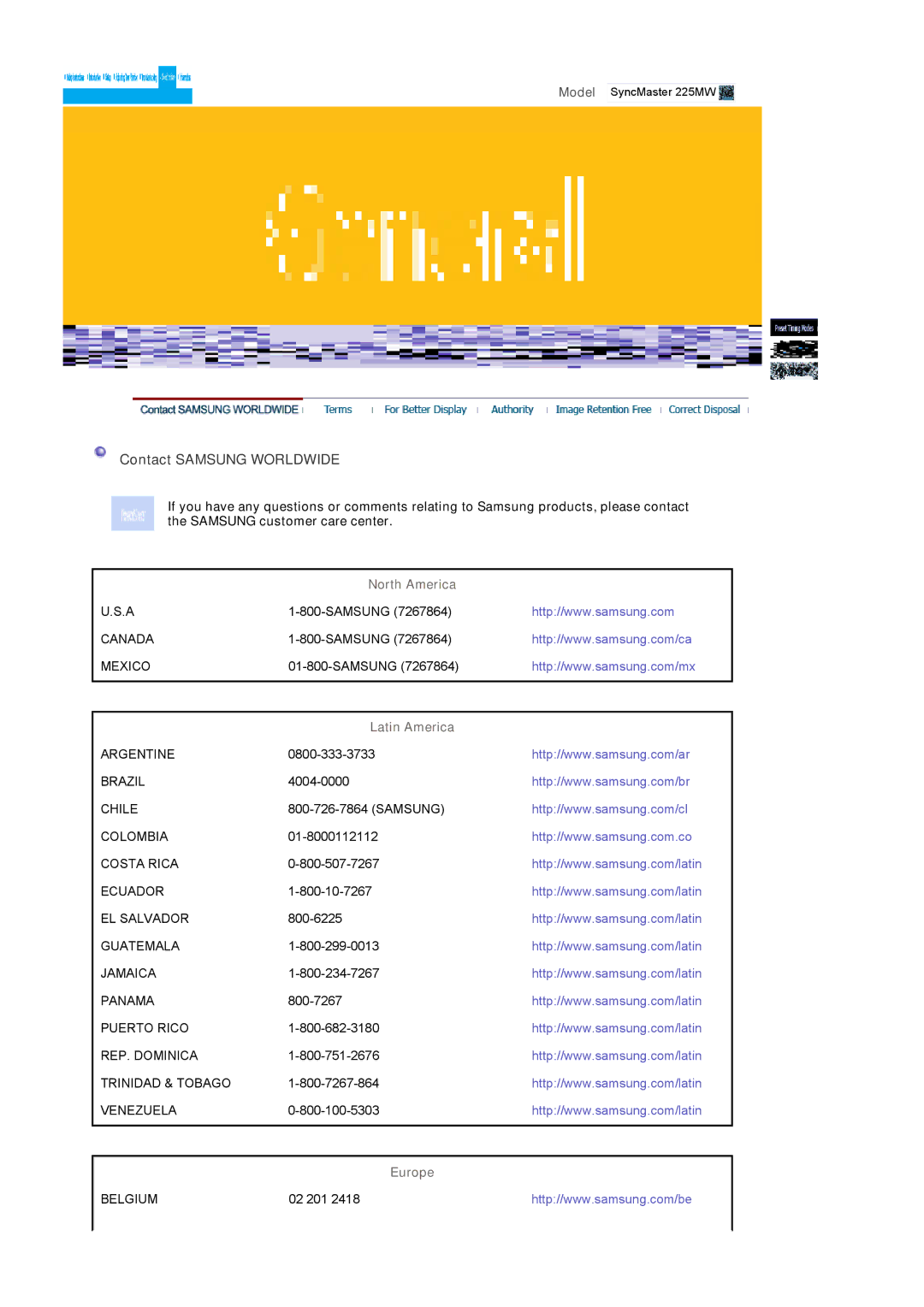 Samsung LS22CRASB/EDC, LS22CRASB6/EDC manual Contact Samsung Worldwide, North America, Latin America, Europe 