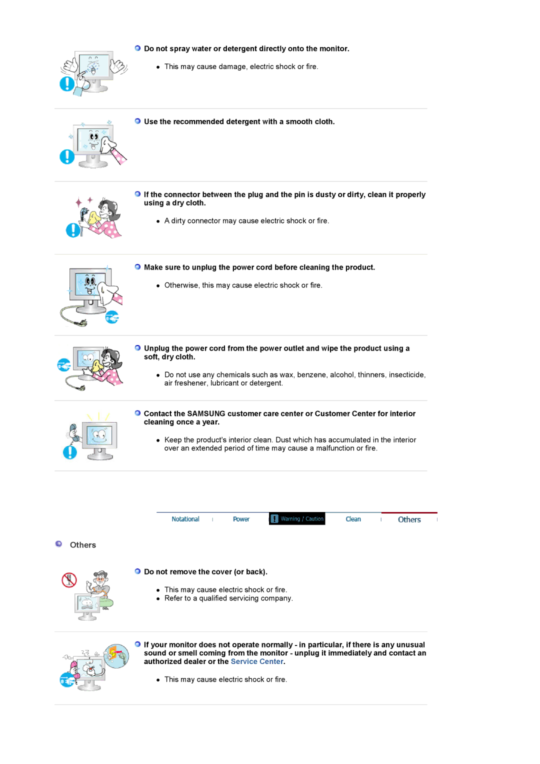 Samsung LS22CRASB/EDC Others, Do not spray water or detergent directly onto the monitor, Do not remove the cover or back 