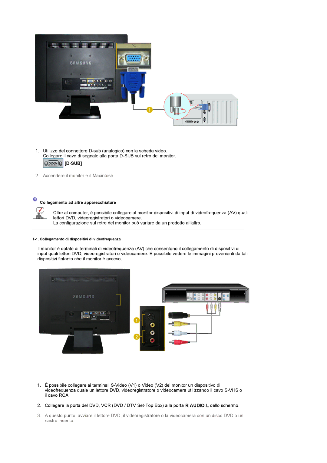 Samsung LS22CRASB/EDC, LS22CRASB6/EDC manual Sub, Accendere il monitor e il Macintosh 