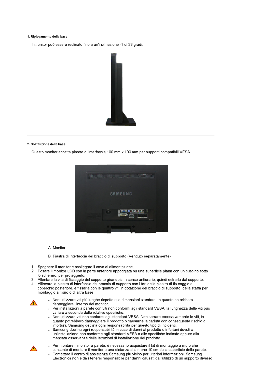 Samsung LS22CRASB/EDC, LS22CRASB6/EDC manual Ripiegamento della base 