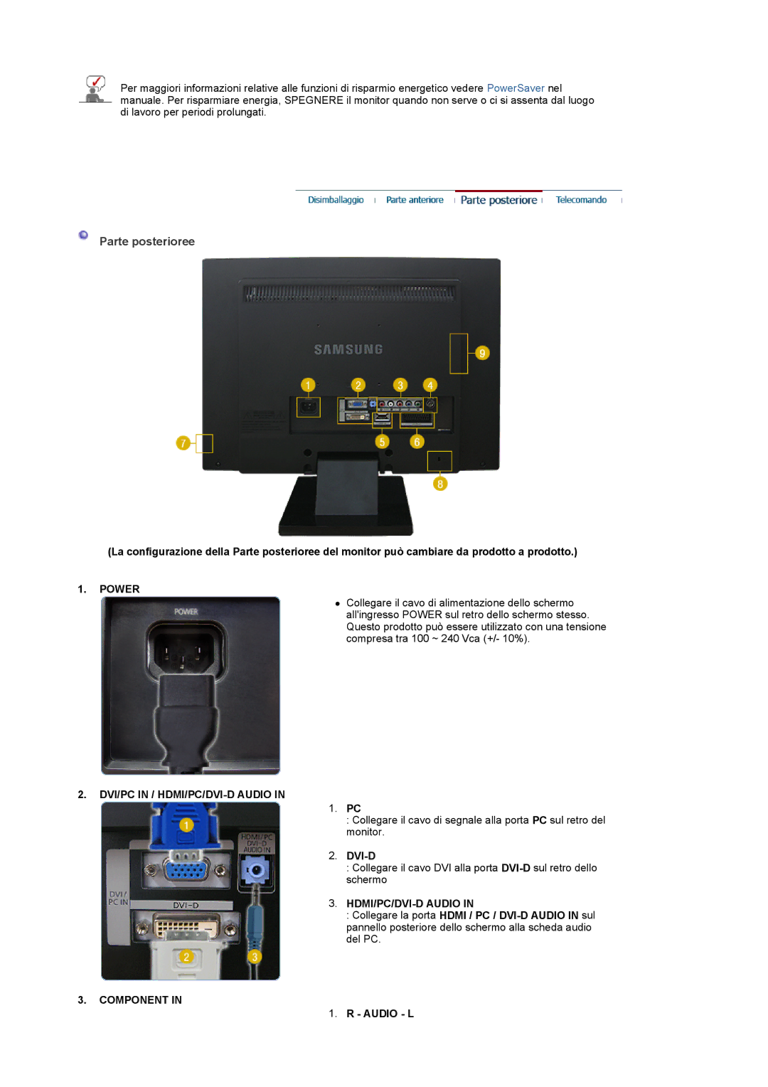 Samsung LS22CRASB6/EDC, LS22CRASB/EDC manual Parte posterioree, Power, DVI/PC in / HDMI/PC/DVI-D Audio, Component 