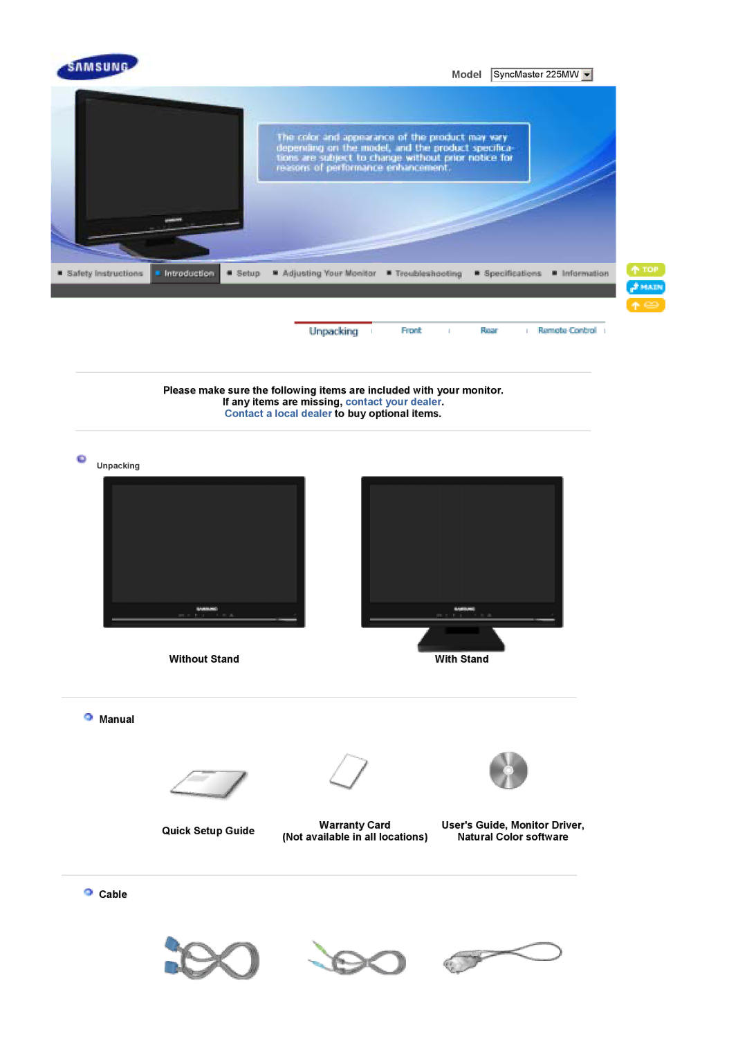 Samsung LS22CRASB/EDC, LS22CRASB6/EDC manual Without Stand, Manual Quick Setup Guide, Cable 