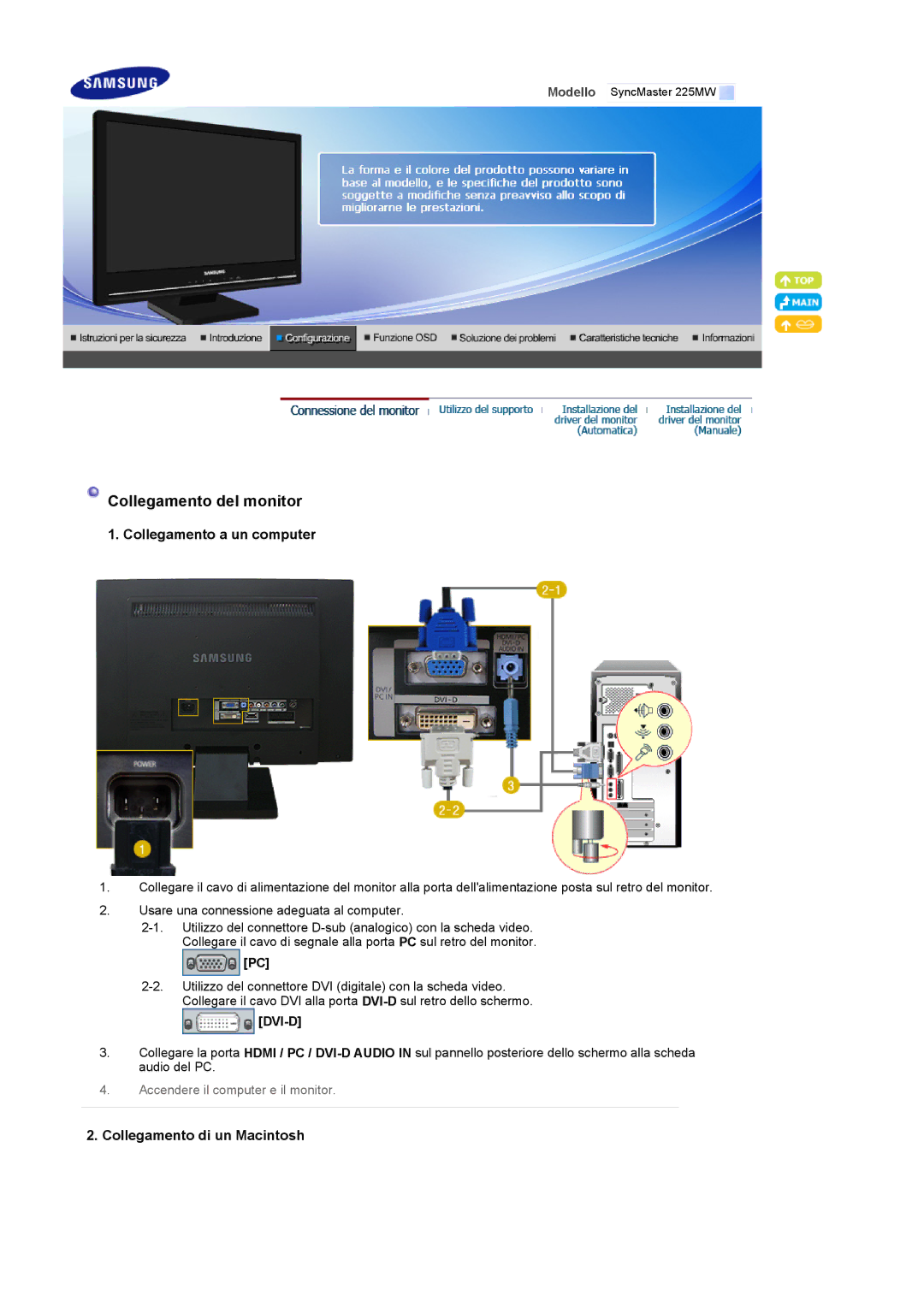 Samsung LS22CRASB/EDC, LS22CRASB6/EDC manual Collegamento a un computer, Collegamento di un Macintosh 