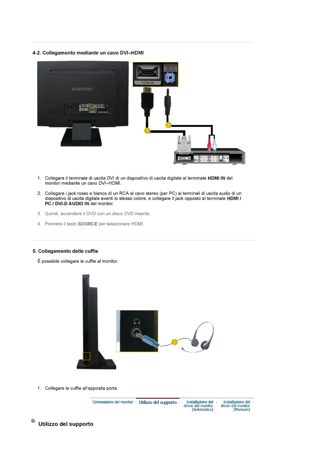 Samsung LS22CRASB/EDC, LS22CRASB6/EDC manual Collegamento mediante un cavo DVI-HDMI, Collegamento delle cuffie 