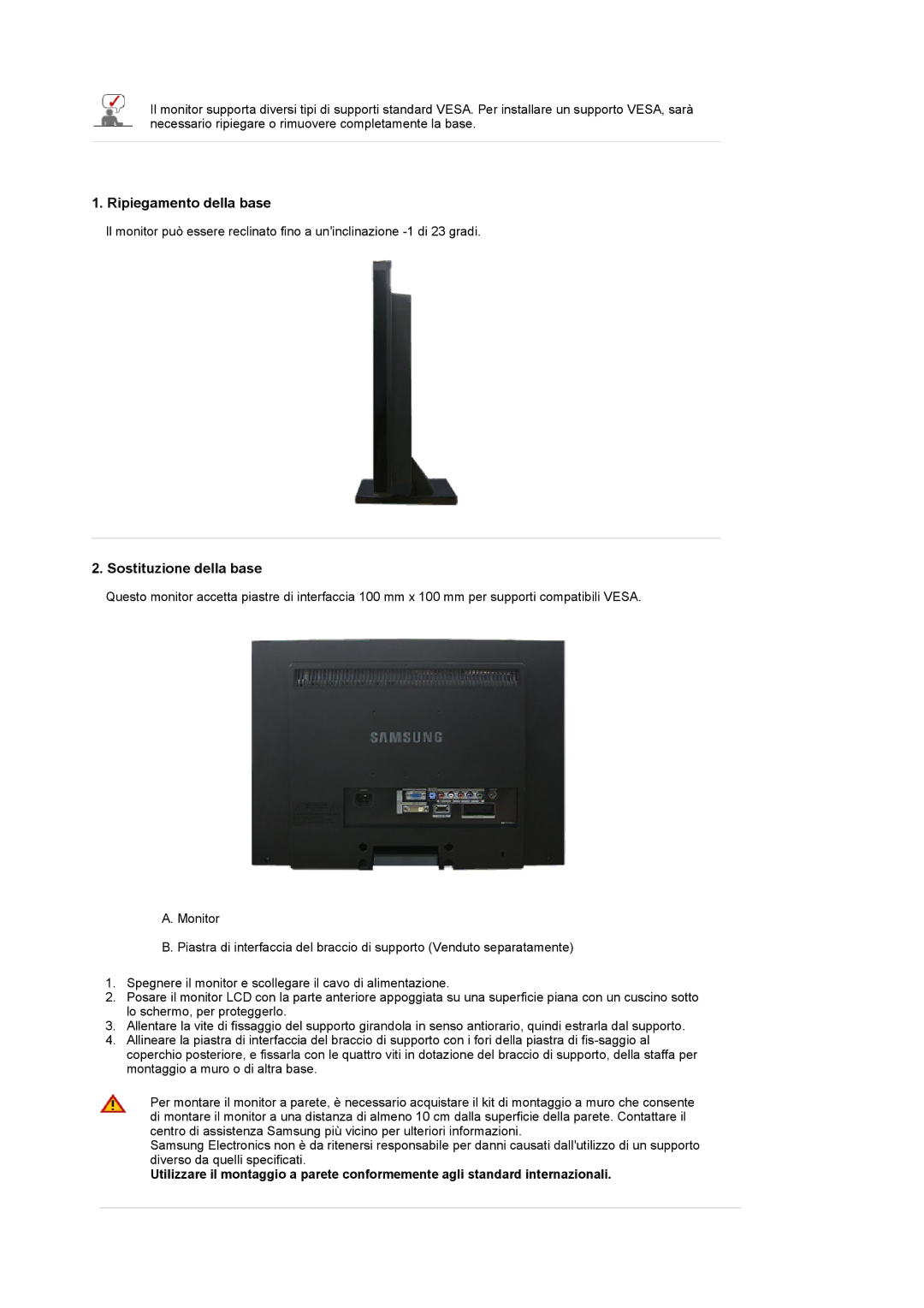 Samsung LS22CRASB6/EDC, LS22CRASB/EDC manual Ripiegamento della base, Sostituzione della base 