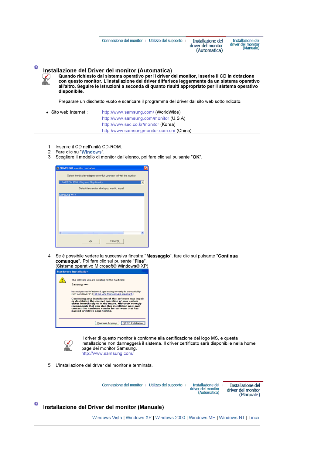 Samsung LS22CRASB/EDC, LS22CRASB6/EDC manual Installazione del Driver del monitor Automatica 