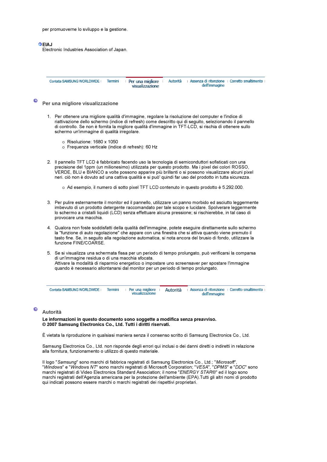 Samsung LS22CRASB/EDC, LS22CRASB6/EDC manual Per una migliore visualizzazione, Autorità, Eiaj 