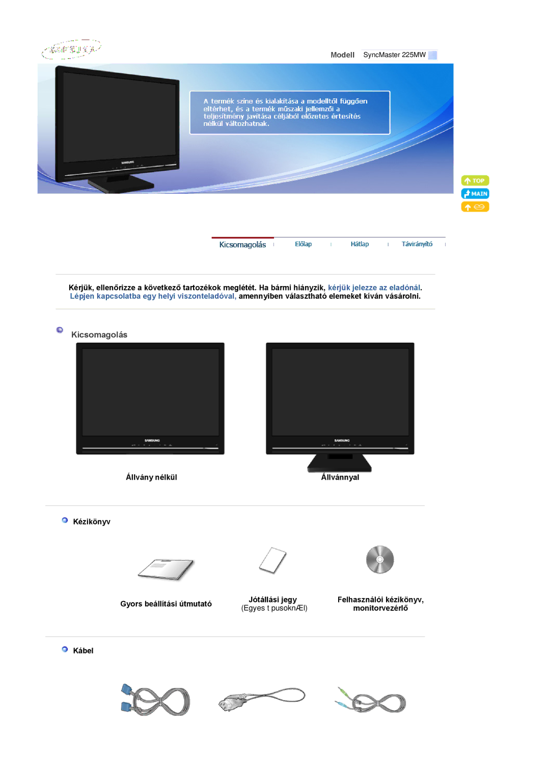 Samsung LS22CRASB6/EDC, LS22CRASB/EDC manual Kicsomagolás, Egyes típusoknál, Kábel 