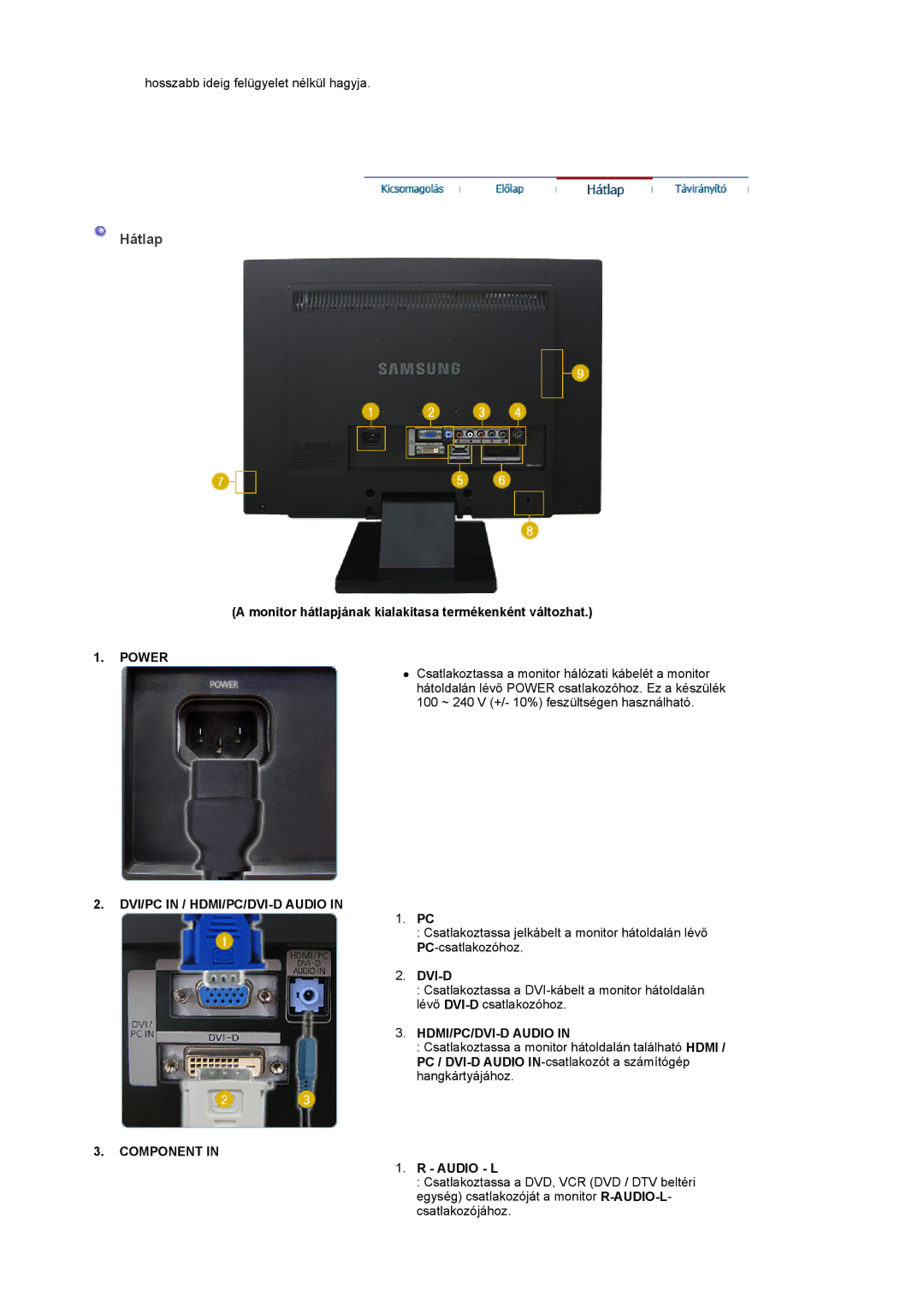 Samsung LS22CRASB/EDC, LS22CRASB6/EDC manual Hátlap, Power, DVI/PC in / HDMI/PC/DVI-D Audio, Component 