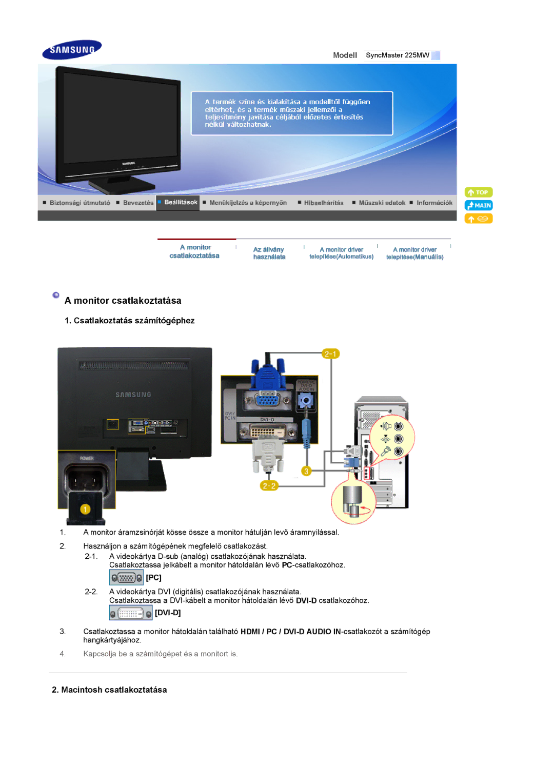 Samsung LS22CRASB/EDC, LS22CRASB6/EDC manual Csatlakoztatás számítógéphez, Macintosh csatlakoztatása 