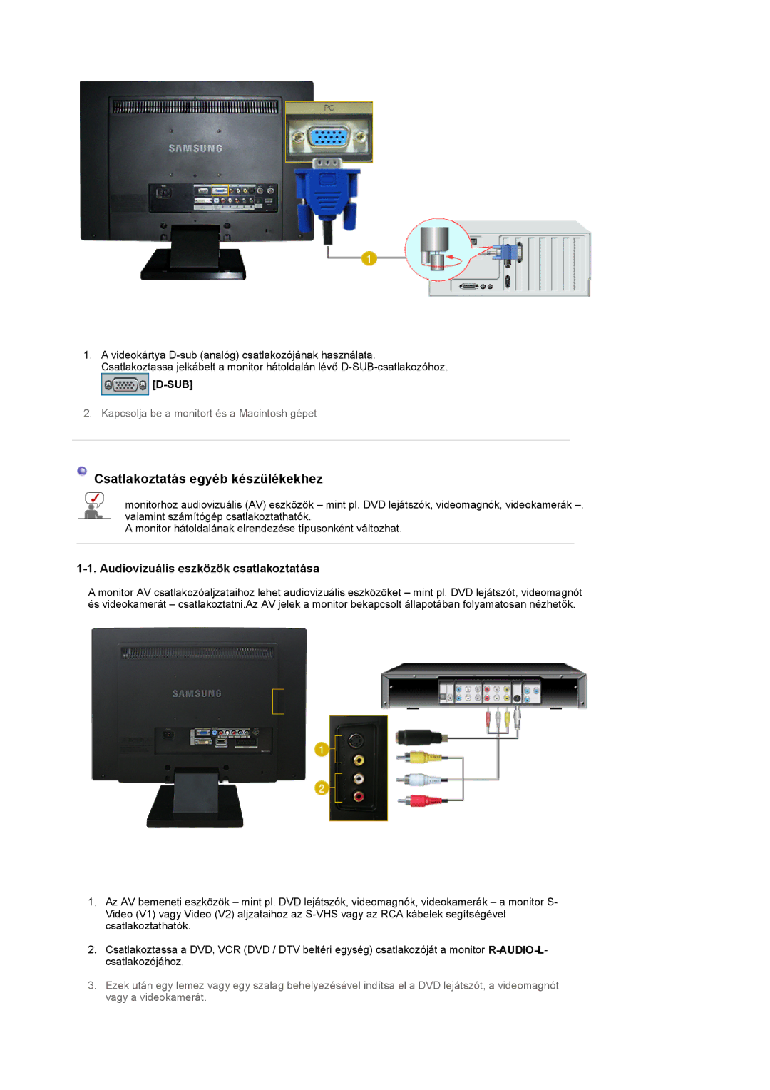 Samsung LS22CRASB6/EDC, LS22CRASB/EDC manual Audiovizuális eszközök csatlakoztatása, Sub 