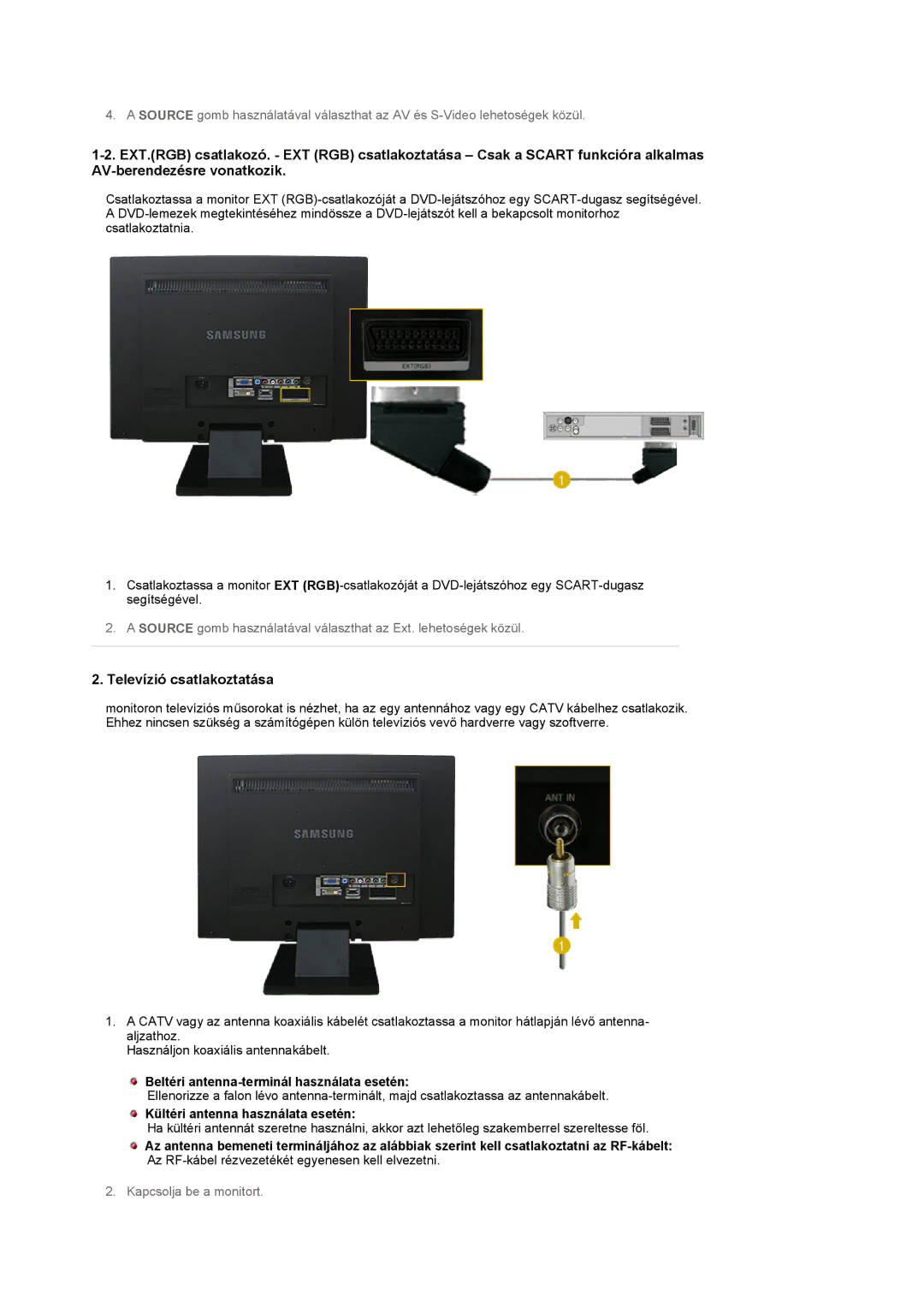 Samsung LS22CRASB/EDC, LS22CRASB6/EDC manual Televízió csatlakoztatása, Beltéri antenna-terminál használata esetén 