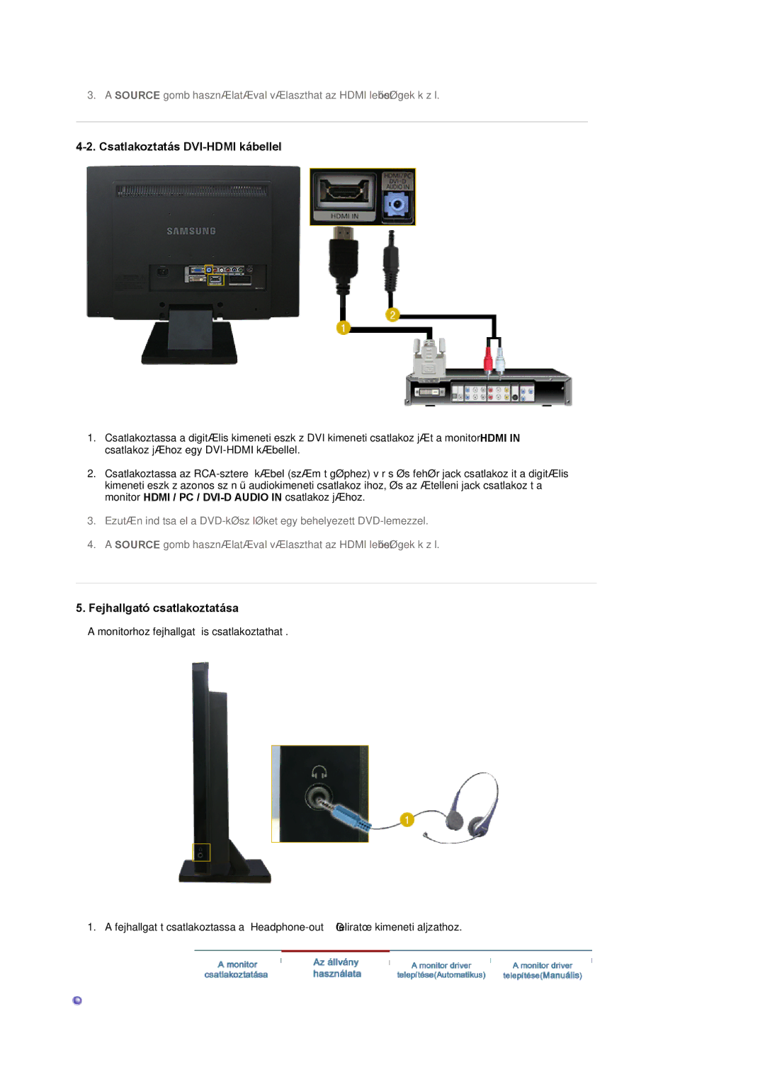 Samsung LS22CRASB/EDC, LS22CRASB6/EDC manual Csatlakoztatás DVI-HDMI kábellel, Fejhallgató csatlakoztatása 